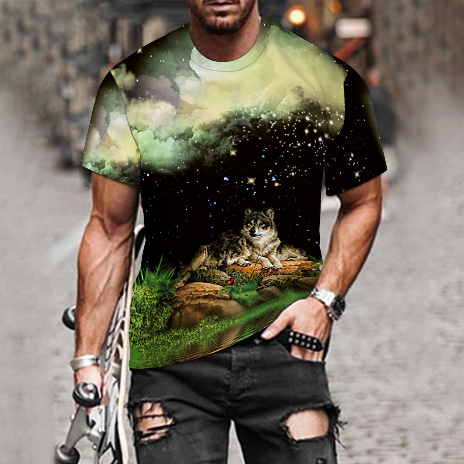 Men's Trendy Crew Neck Short Sleeve Tees | European-American Style Creative 3D Digital Print Pullover
