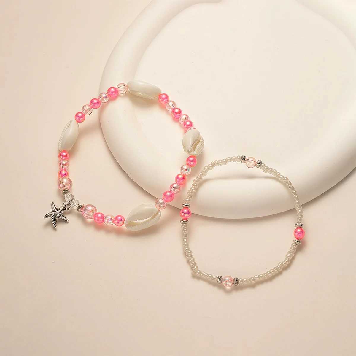 2-piece vacation ocean style alloy starfish pendant with colorful jelly beaded double layered womens anklet H260325 - view 6