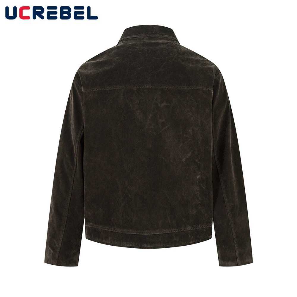 Retro Spliced Suede Jacket Mens Button Decoration Autumn Winter Retro Lapel Long Sleeve Loose Outerwear Man C260325