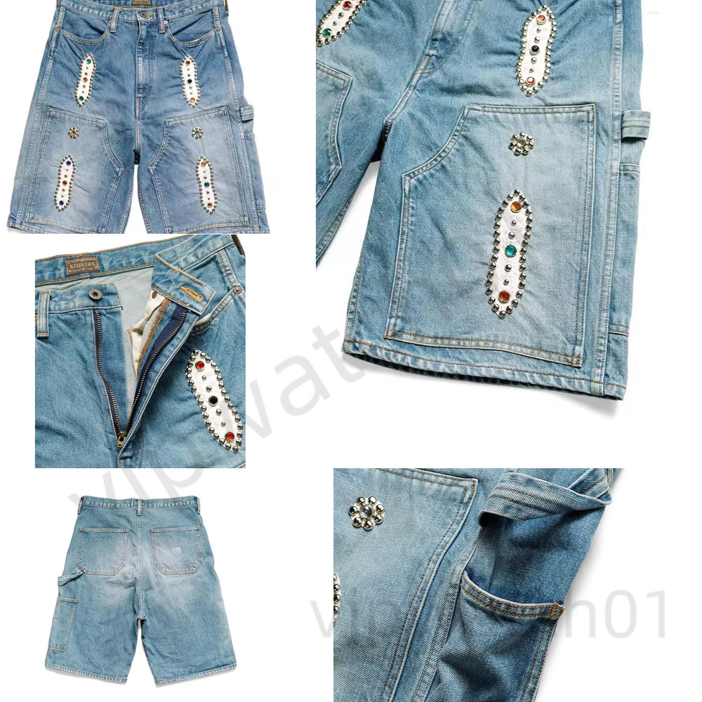 Men's Shorts KAPITAL 23Ss 21Ss Blue Dyed Retro Distressed Loose Rivet-Inlaid Gemstone Denim Cotton Jeans Jacquard Feather Pants Bell Bottoms Nylon Casual Shorts 301
