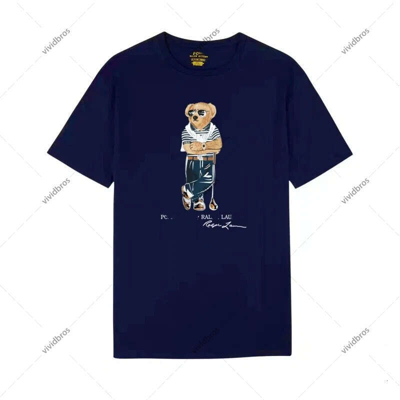 Men's T-Shirt Design High-Quality Navy Crew Neck Teddy Bear Graphic Print Short Sleeve Soft Cotton Casual Preppy Style Daily Top