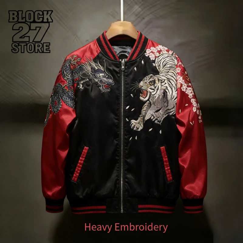 Mens Jacket Harajuku Chinese Style Streetwear Four Beast Embroidery Baseball Coat Loose Fit Color Block Youth Casual Retro Trend C260325