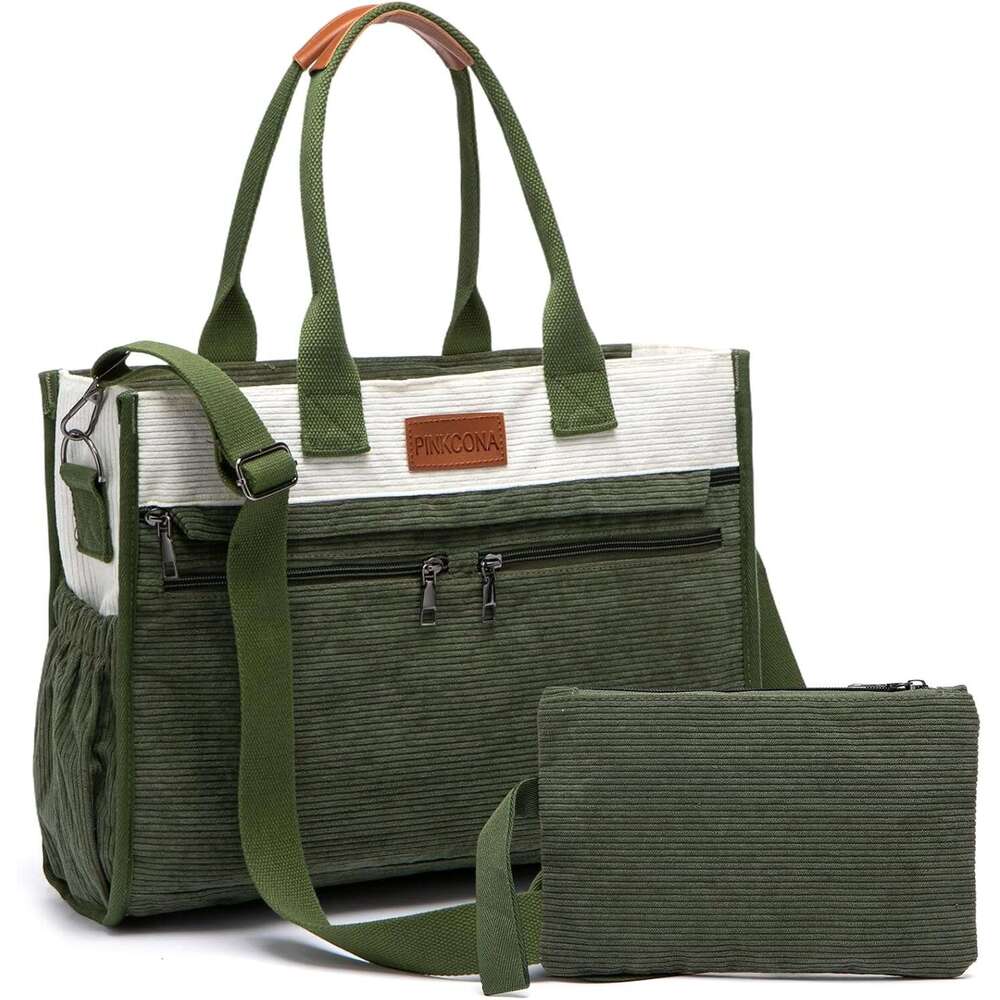 Corduroy Tote for Women 2Pcs Set, 14-Pocket Lightweight Laptop Work Tote, Teacher & College Travel Crossbody Bag