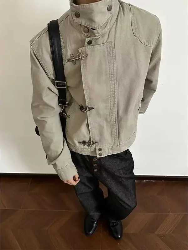 Deconstructed Stand Collar Workwear Jaet oulder Pad ex Early Autumn Top Zipper Closure Aircrt Button Casual Sle C260325