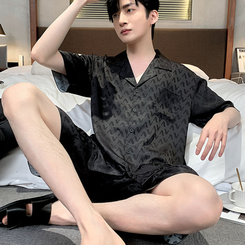 Men's Pajamas Summer Plus Size Ice Silk Short Sleeve Shorts Lightweight Breathable Comfortable Casual Homewear Set