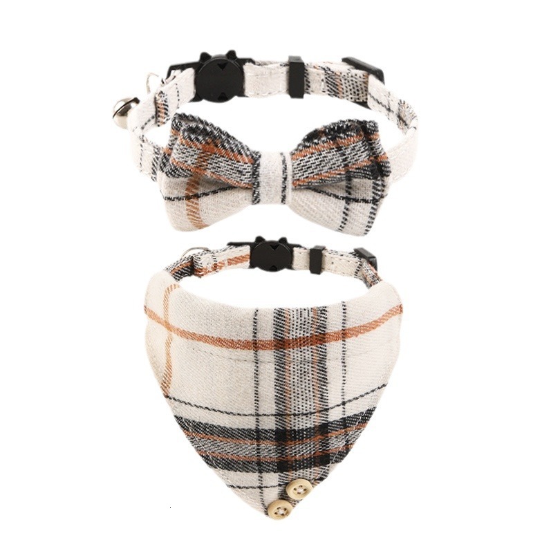 British Style Plaid Pet Collar Set With Bowknot And Bell Comfortable Adjustable For Cats And Small Dogs