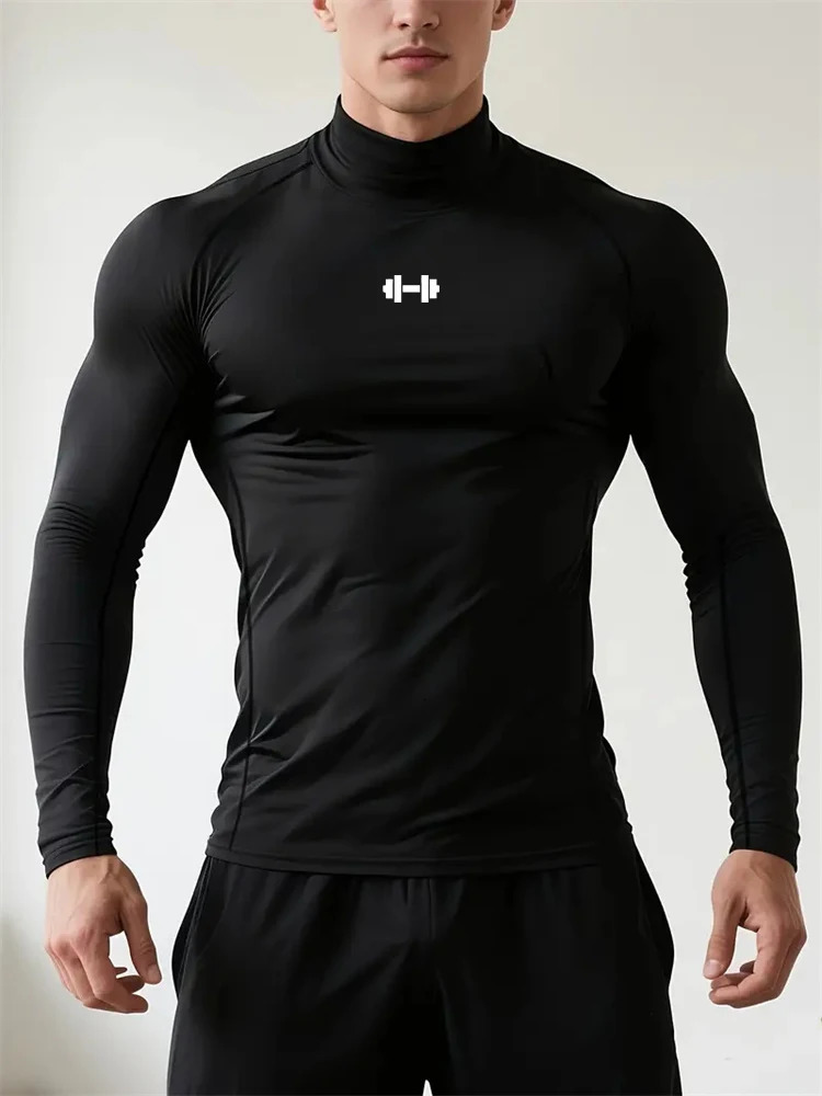 2026 Mens Geometric Printed Quick-Drying Tight Long Sleeve Gym Workout Training T-Shirt Stretch Turtle Neck T-Shirt Tops S-3XL 260324