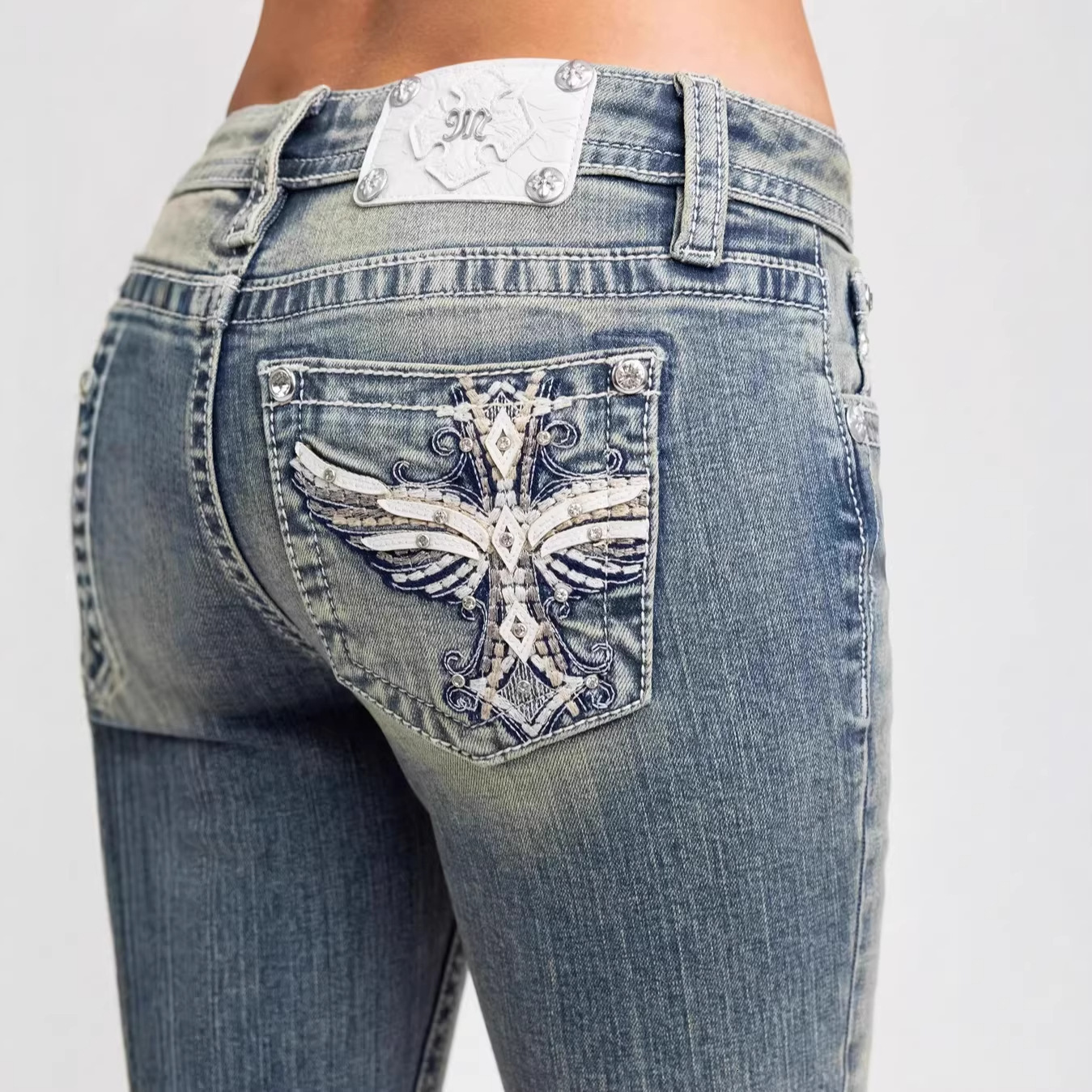 Luxury Brand Designer Clothes Y2k Cross-Border Miss Me European And American Fashion Hot Girl Retro Low-Waist Embroidered Wing Cross Slim-Fit Jeans Fo