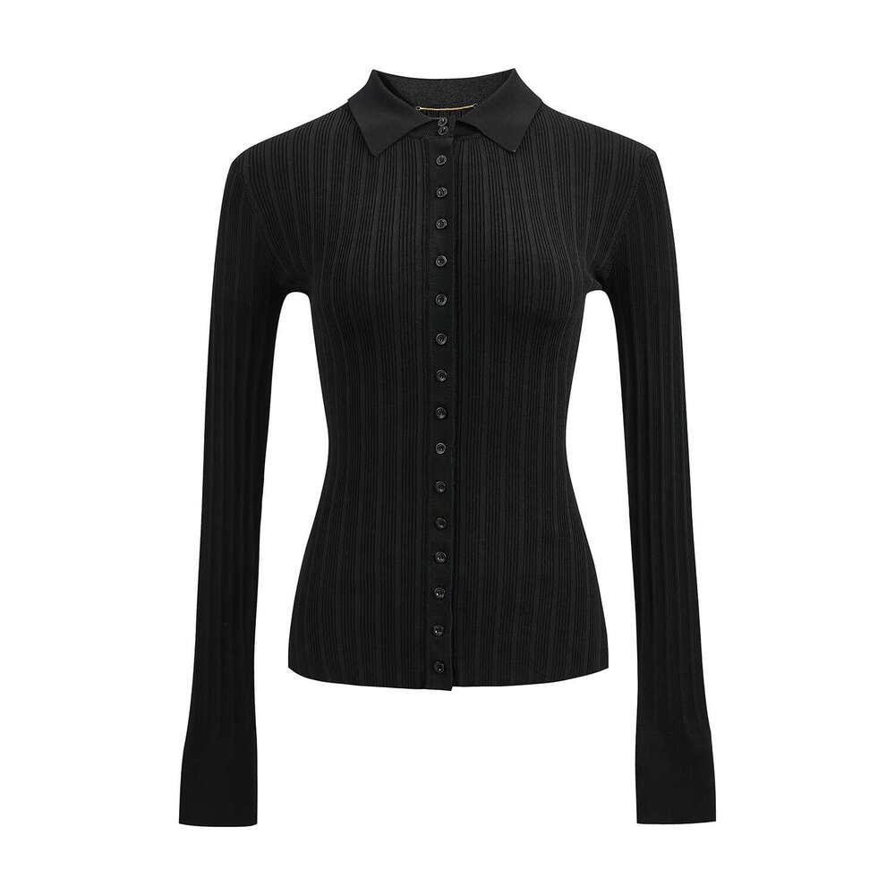 Designer Black Elegant k30 Women's Polo Top 2026 Autumn New Collection Inner Base Knitted Long Sleeve Sweater