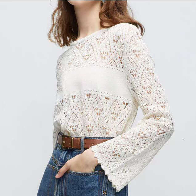 2026 Spring New Designer Fashion A5 Elegant Hollow Brand Same Round Neck Off Shoulder Long Sleeve Knitted Sweater