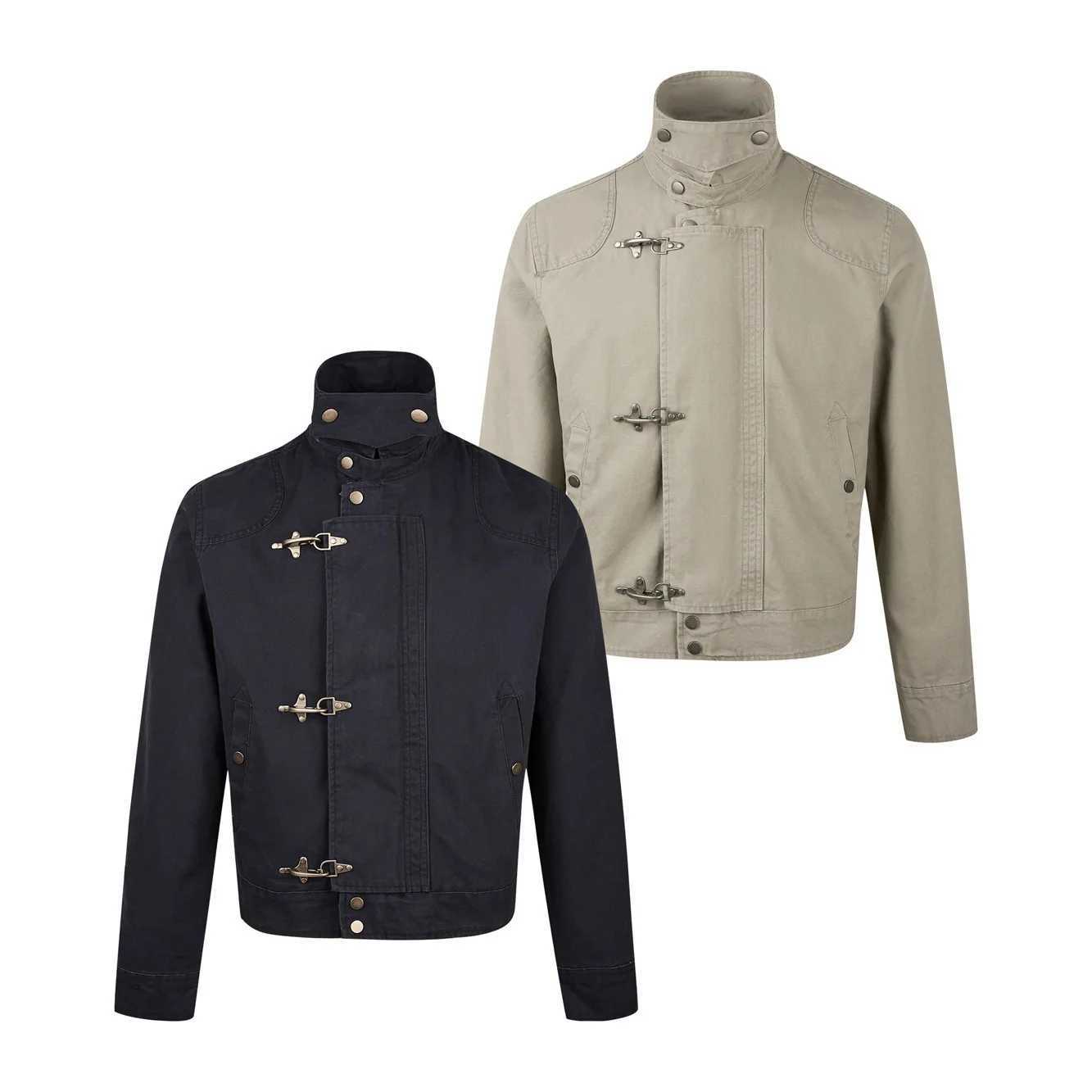 Mens Deconstructed Patchwork Aircraft Buckle Jacket Short Retro Workwear Korean Style Polyester Fiber Zipper Handbag C260325