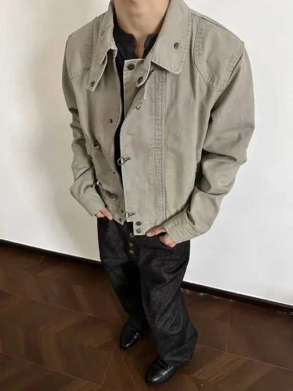 Deconstructed Stand Collar Workwear Jaet oulder Pad ex Early Autumn Top Zipper Closure Aircrt Button Casual Sle C260325