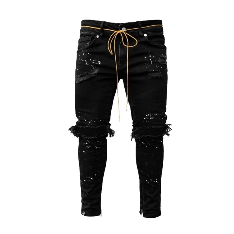 Men Long Jeans Pants Denim Pencil Pant Hole Splice Simple Slim Fit Zipper Lace Up Tight Waist Straight Trousers Autumn 260327
