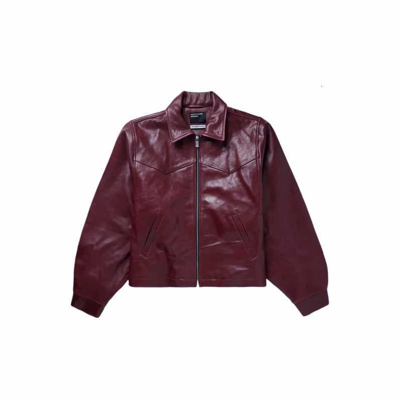 2026ss Embroidered Printed Leather Jacket High-quality Burgundy Loose Casual High Street Mens Womens Jackets C260325