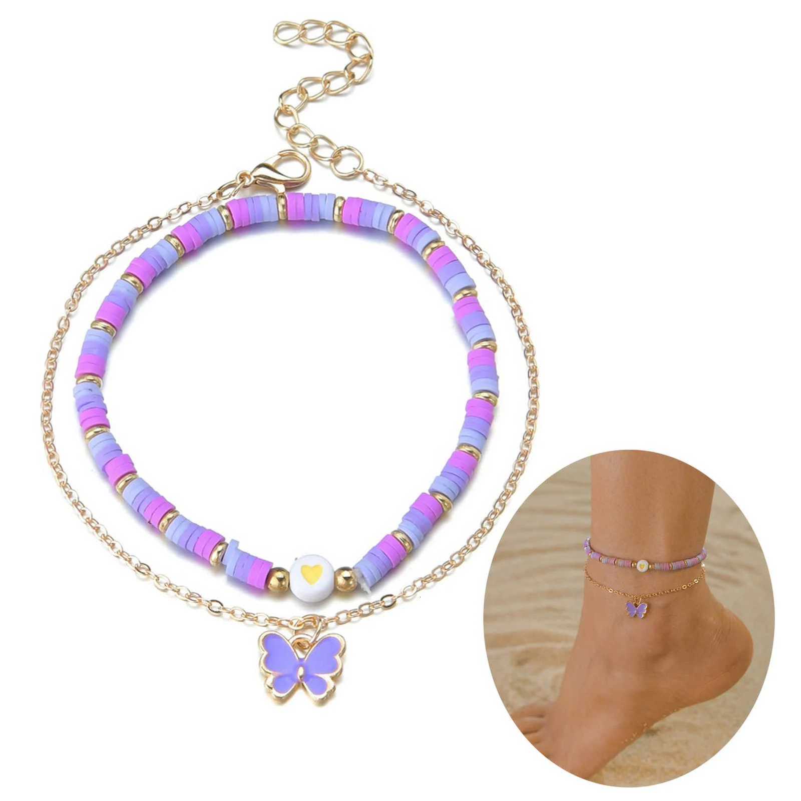 2pcs Girls Anklets Trendy Purple Bead String Butterfly Foot Chain For Women Summer Beach Leg Decoration Chain Jewelry Accessory H260325 - view 5