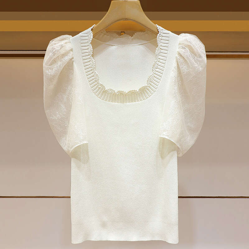 2026 Spring/Summer New Designer Bubble Short Sleeve Square Neck Lace Black k30 Thin Knitted Women's Elegant Top