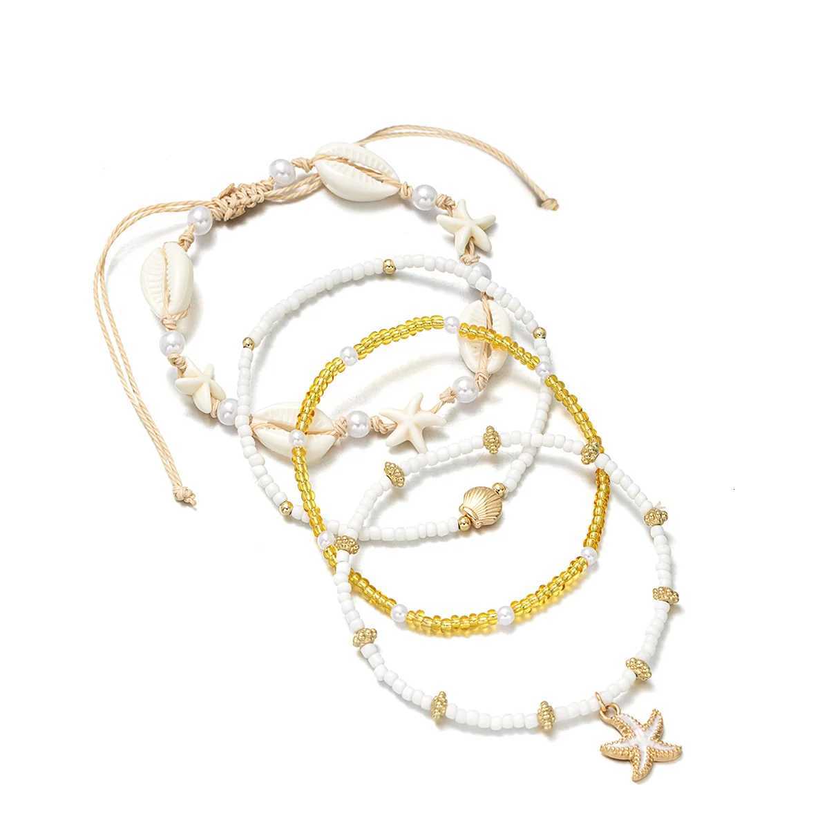 4 pieces of Bohemian style resin shell woven starfish ankle rope multi-layer stacked rice bead beach womens ankle chain H260325 - view 3