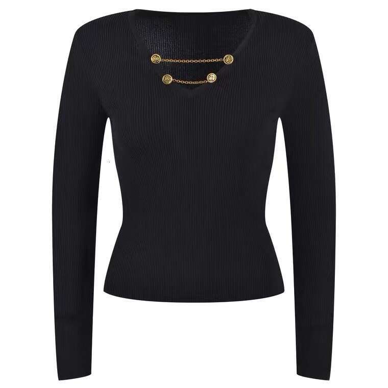 2026 autumn and winter designer k30 women's V-neck slim knit sexy black slit long sleeved dress