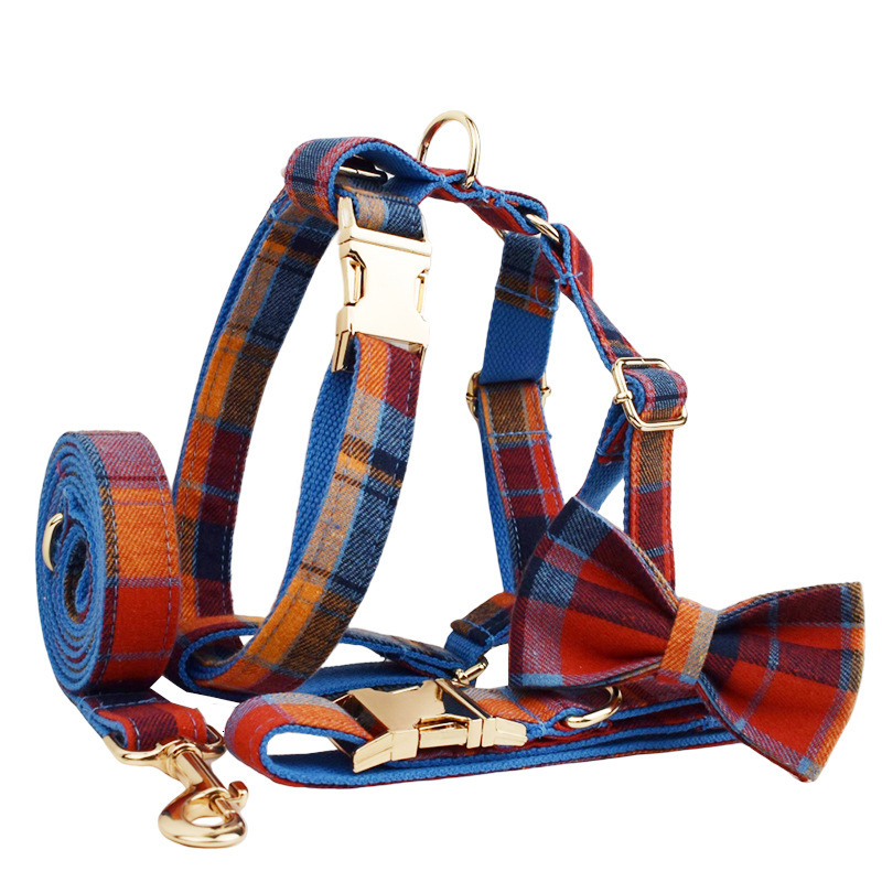 Pet Collar Leash Design Gentleman Style Bow Tie Engraved Metal Buckle Adjustable Comfortable For Dogs Blue Velvet Plaid