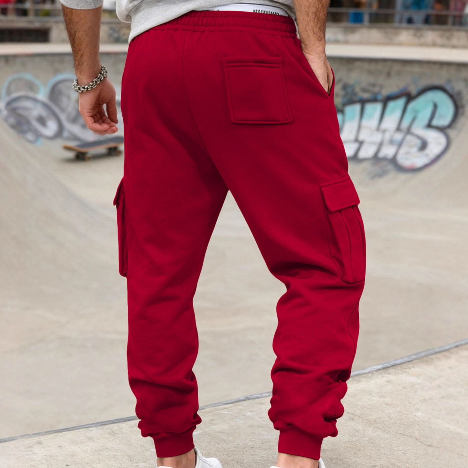 European And American Autumn Winter Fleece Men's Casual Cargo Pants Essential Pants Multi-pocket Drawstring Sports Casual Long Pants