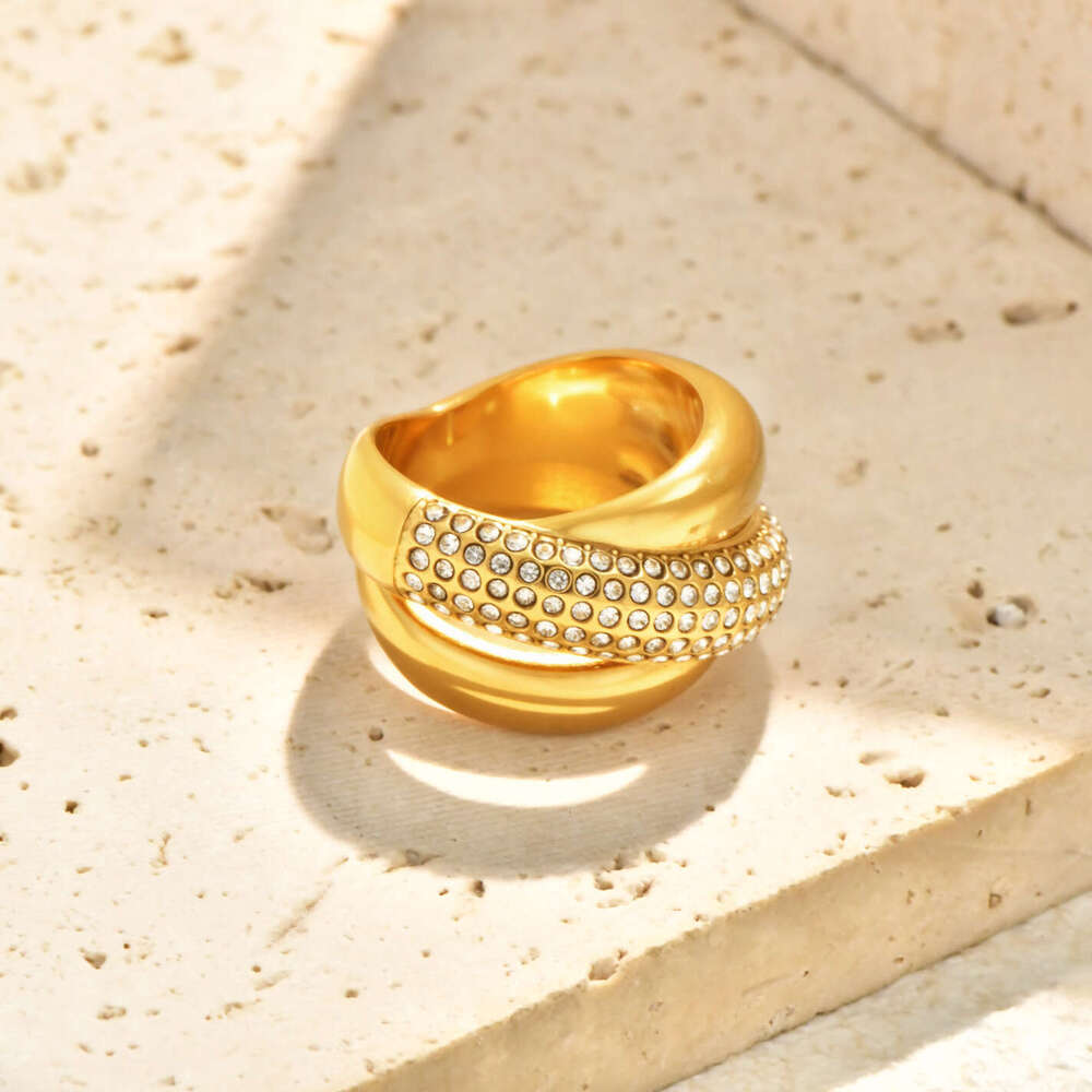 fashion ring desigenr for women geometric cross diamond inlaid zircon exaggerated stainless steel 18k gold ring