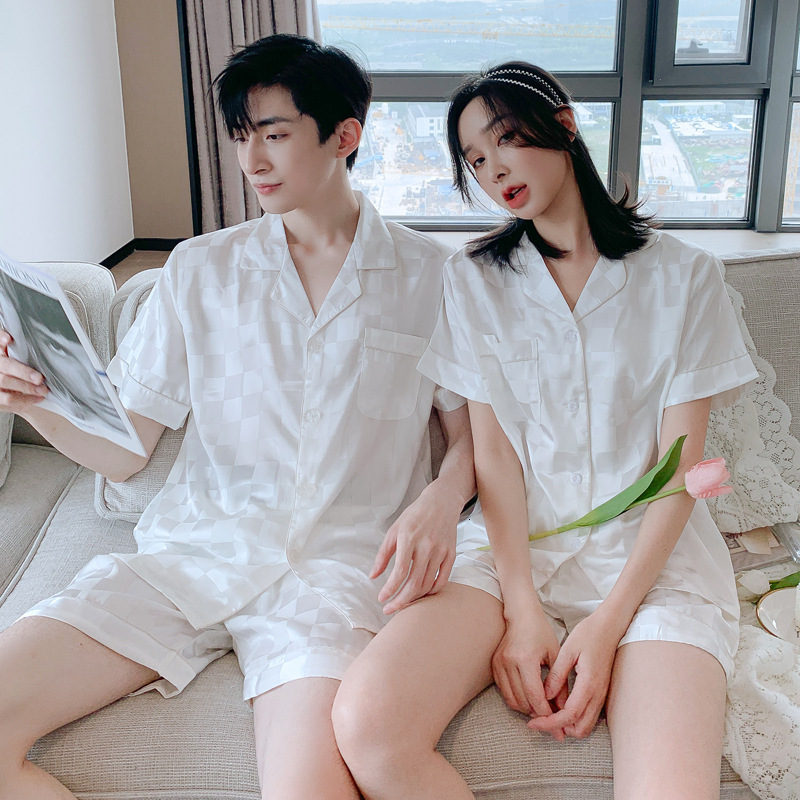 Pajamas Set White Checkerboard Couple Style Ice Silk Short Sleeve Shorts Summer Spring Autumn Soft Comfortable Homewear For Women And Men