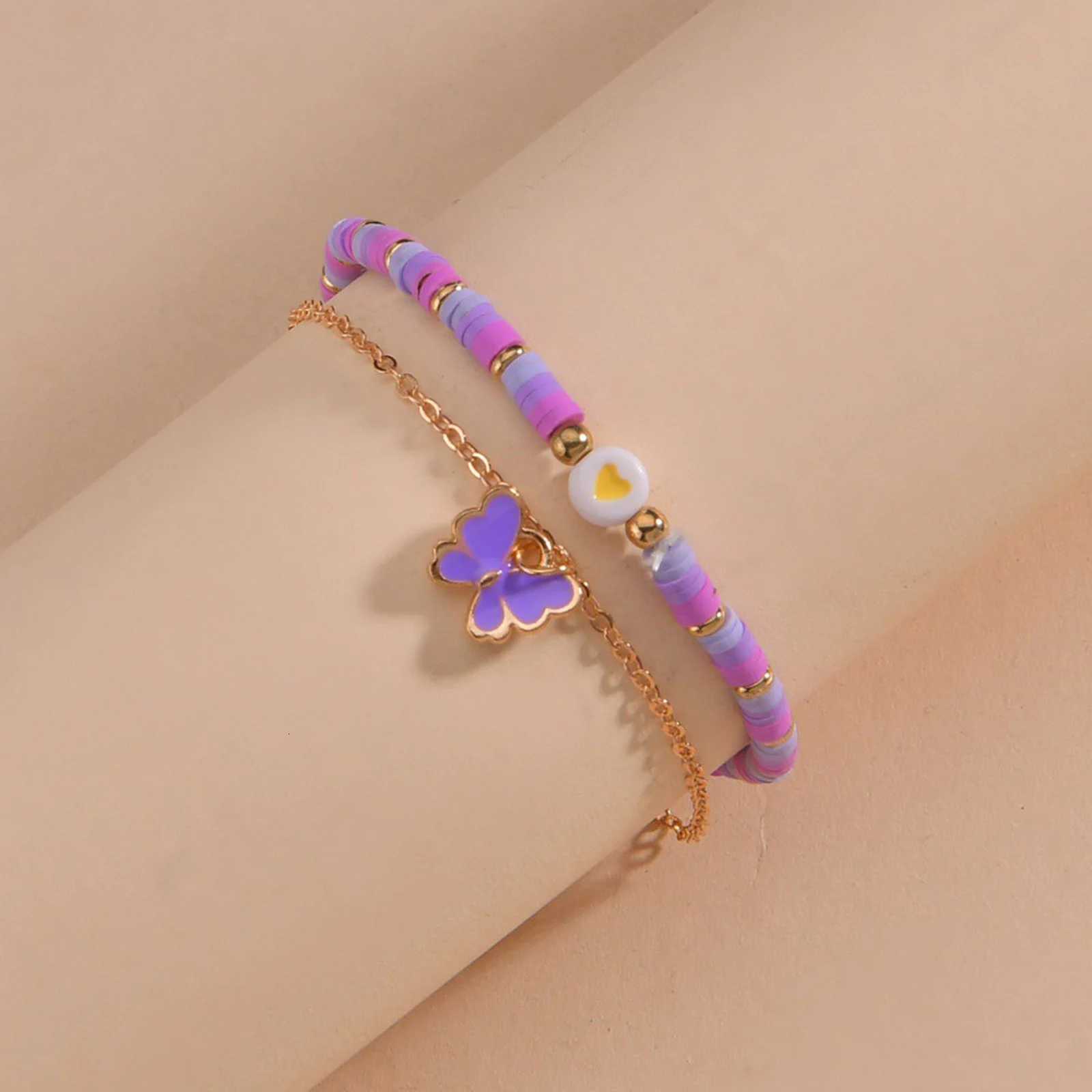 2pcs Girls Anklets Trendy Purple Bead String Butterfly Foot Chain For Women Summer Beach Leg Decoration Chain Jewelry Accessory H260325 - view 3
