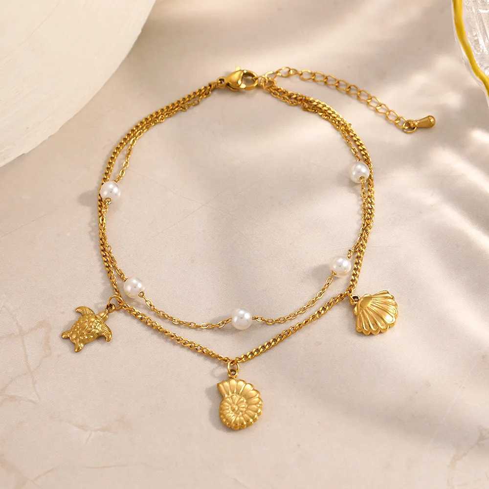 Stainless steel plated 18K gold ankle chain also known as animal double layered pearl chain stacked starfish shell jewelry gift H260325 - view 5