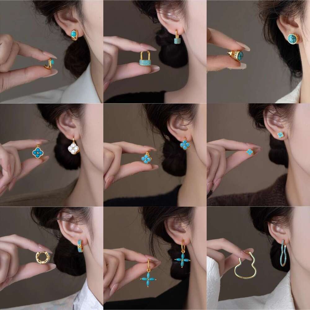 Earrings Exquisite Four Leaf Clover Turquoise Elegant High End Blue Crystal Geometric Simple Personality Earrings For Women Jewlery Designer For Women - view 3