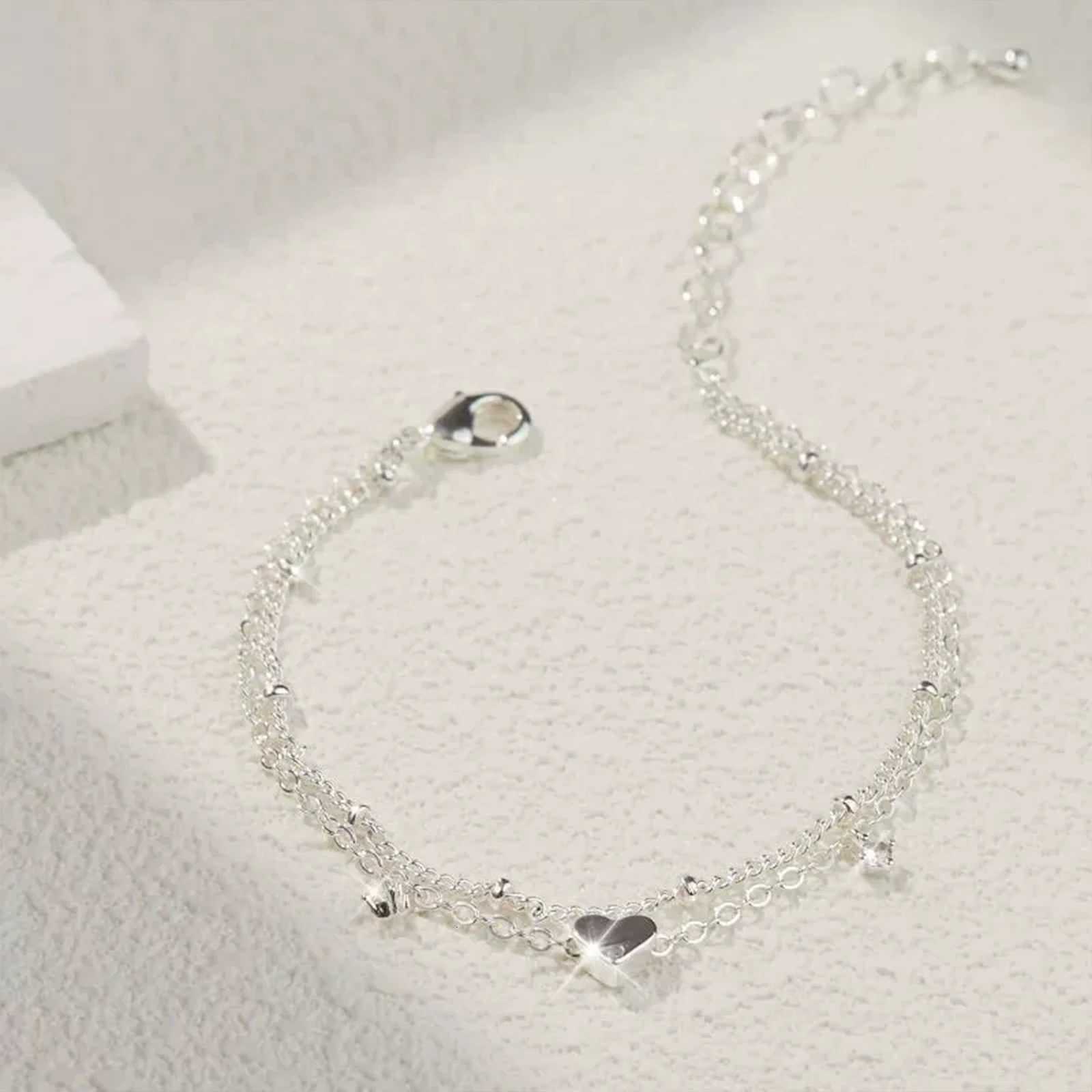 925 Sliver Plated CZ Anklet for Women Girl Trendy New Waterproof Heart Charm Dainty Layer Chain Anklets Jewelry Gifts H260325 - view 4