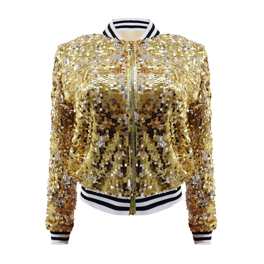 Spring Autumn Golden Sequined Jacket Women Patchwork Stand Collar Long Sleeve Short Coat Tops Baseball Uniform Casual 38903 260325