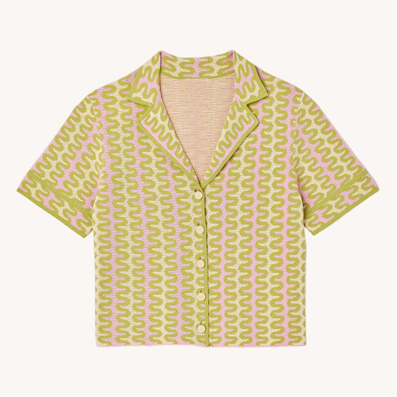 2026 summer new designer French collar shirt, short sleeved knitted top, patterned k30 flared pants for women
