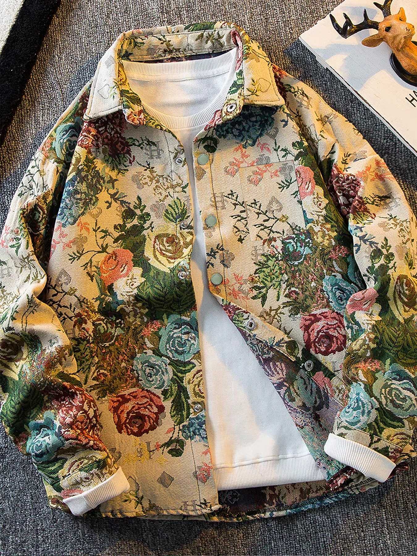 Retro rose high-end jacket mens spring and autumn light luxury trendy brand ins ruffian handsome lapel jacket C260325