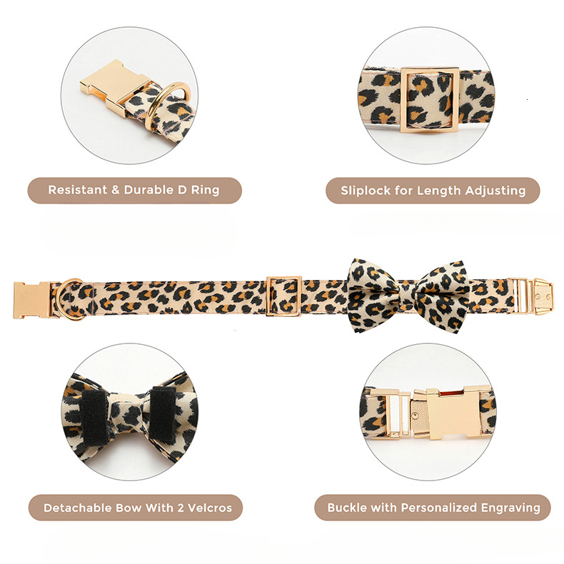 Leopard Print Dog Collar Leash Set Non Restrictive Adjustable Retractable For Pet Walking