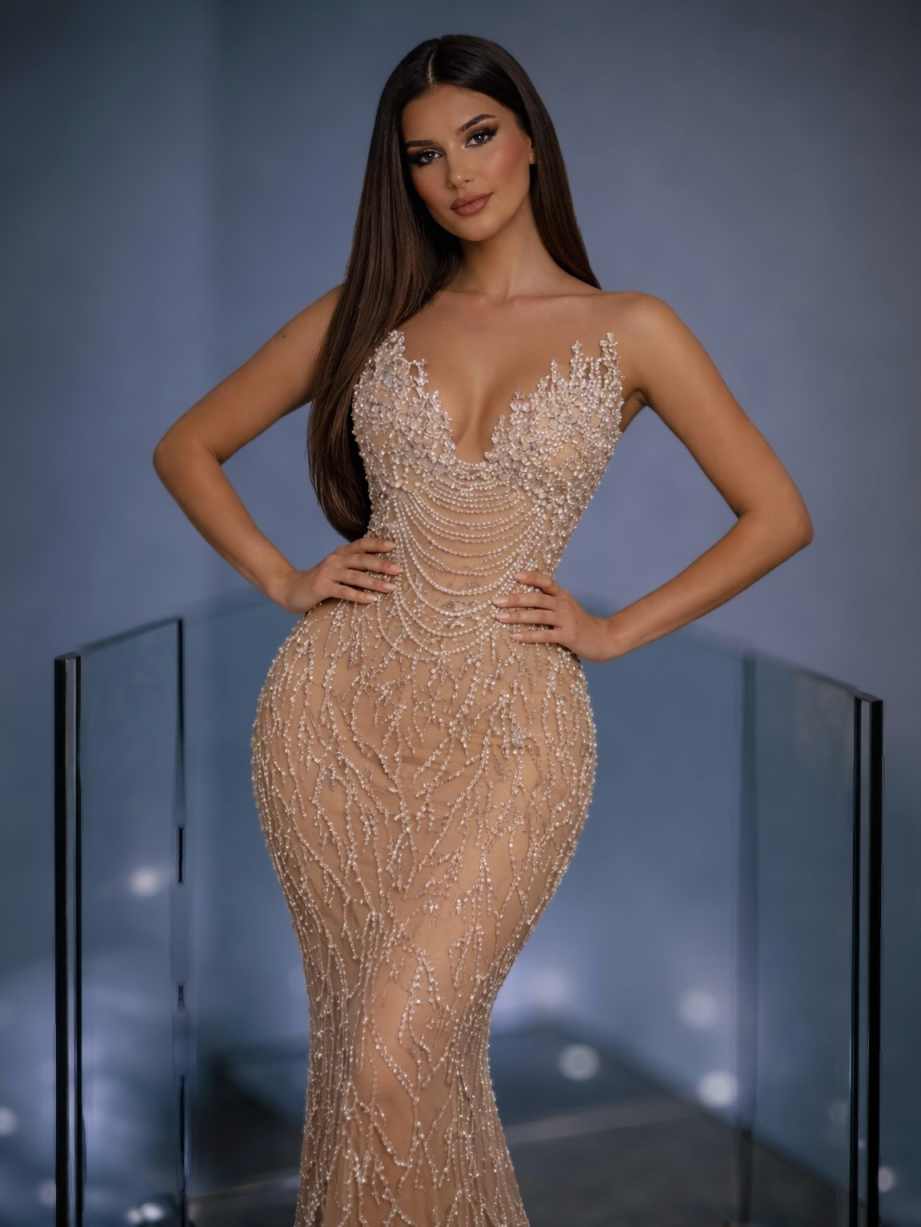 Sexy Crystals Mermaid Prom Dresses Sleeveless Strapless Evening Gowns Floor Length Celebrity Party Customized