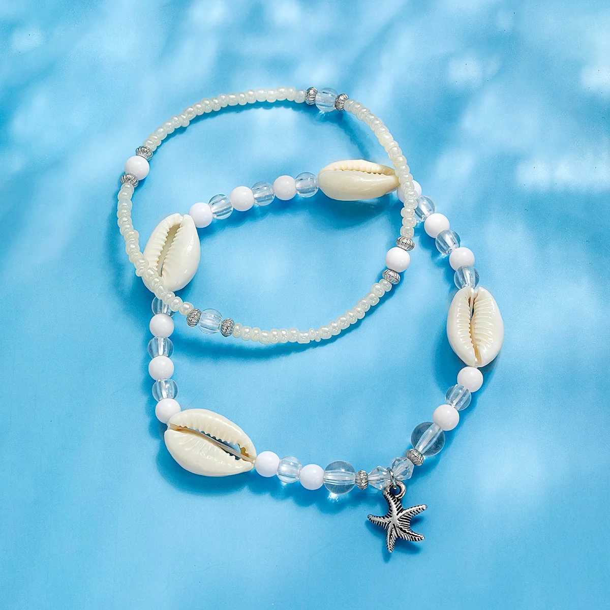 2-piece vacation ocean style alloy starfish pendant with colorful jelly beaded double layered womens anklet H260325 - view 7