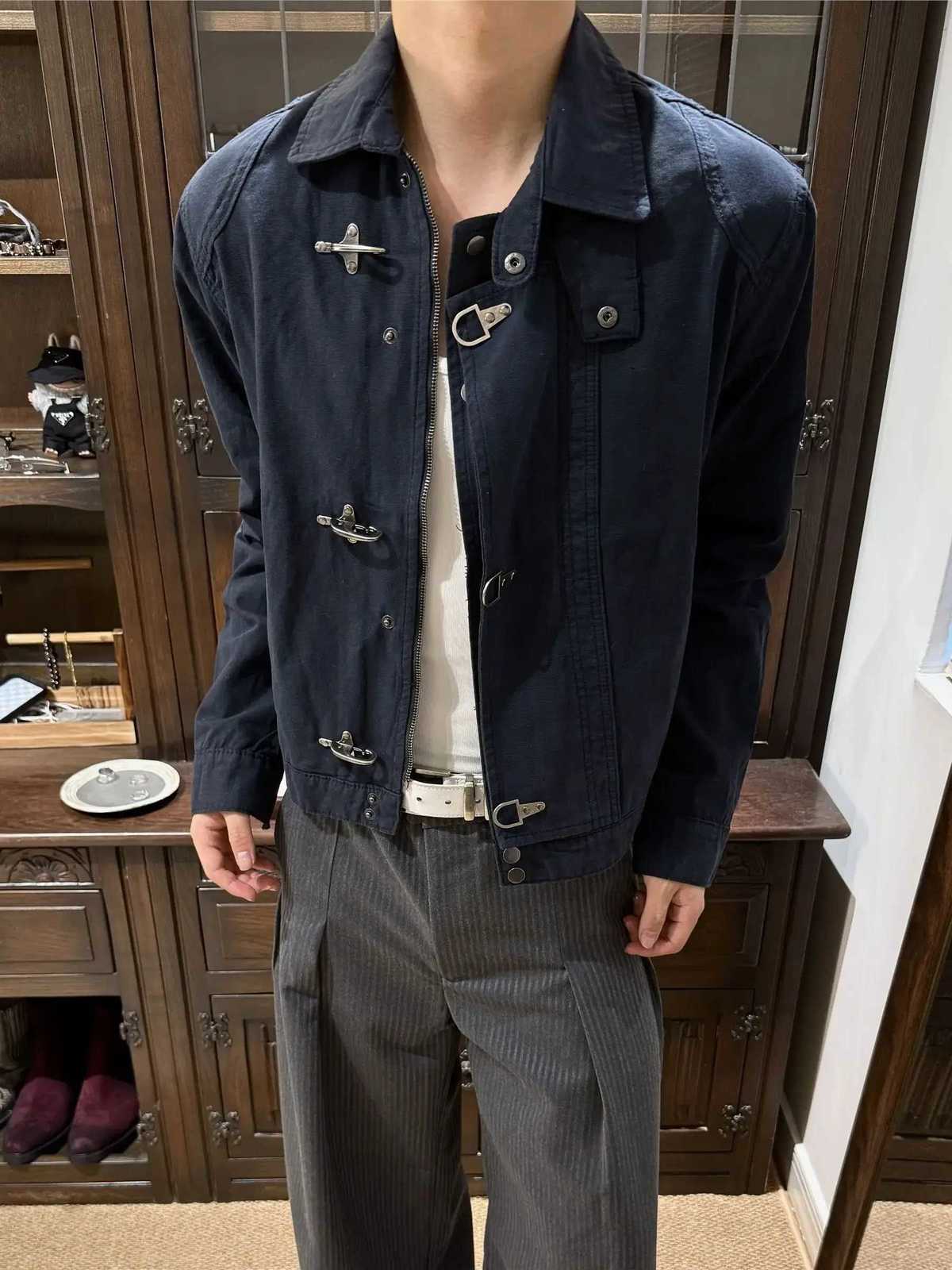 Vintage Airplane Buckle Stand Collar Coat Men Washed Jacket Cropped Oversized Cargo Outerwear Spring Fall Distressed Jacket C260325