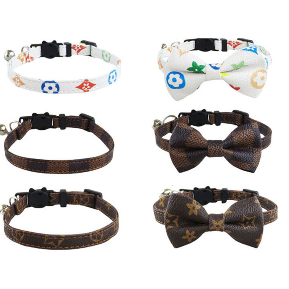 Vintage Pu Pet Collar Printed Pattern Cute Bow Design With Small Bell Safe Comfortable For Cats And Small Dogs