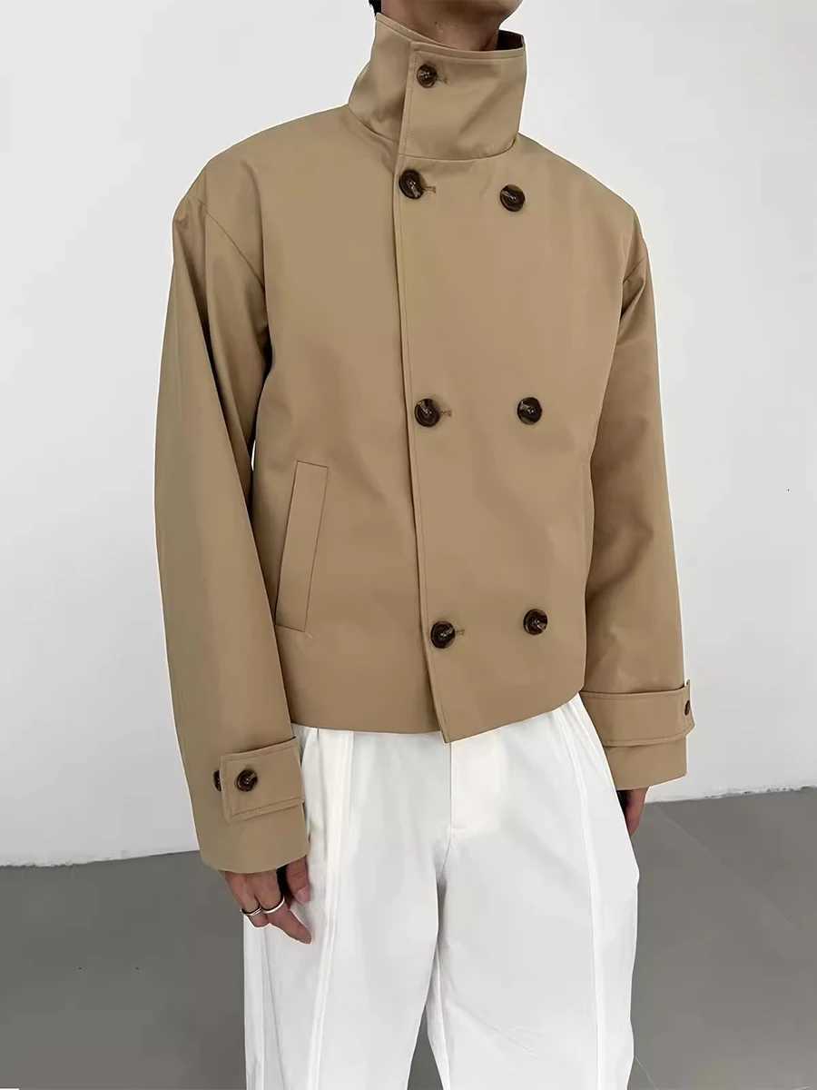 Mauroicardi Spring Autumn Khaki Short Trench Coats Man Stand Collar Double Breasted Elegant Chic Luxury Designer Clothes 2025 C260325