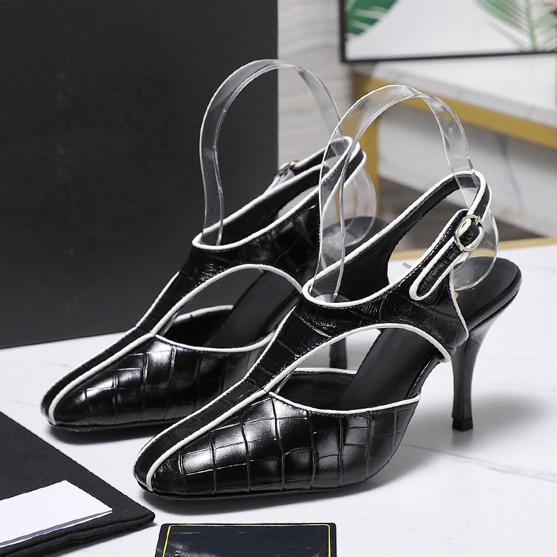 CC Designer Leather Slingback Pumps Womens Luxury Brand High Sandals Ladie Fashion High Heels Leather Outsole Sizes 35 41
