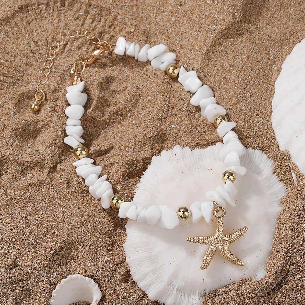 White Turquoise Beaded Chain Starfish Pendant Ankle Summer Charm Sandals Barefoot Beach Foot Bridal Jewelry H260325 - view 6