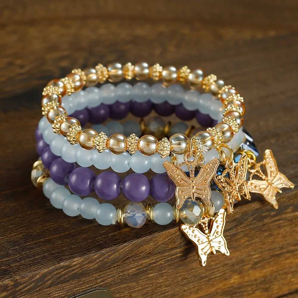 4pcs Set Bohemia Exquisite Acrylic Beaded Crystal Butterfly for Women Charm Multilayer Pearl Bangle Jewelry Friend Gift H260325 - view 3