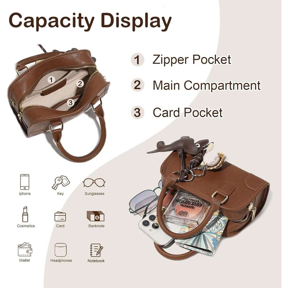 Leather Crossbody Purses for Women, Small Top Handle Cute Shoulder Bag with Pendant and Adjustable Strap