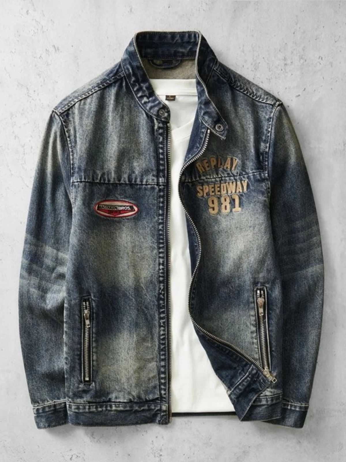 American Style Trendy Brand Mens Zipper Collar Denim Jacket Spring Autumn Slim Fit Embroidered Top Retro Casual Zipper Jacket C260325