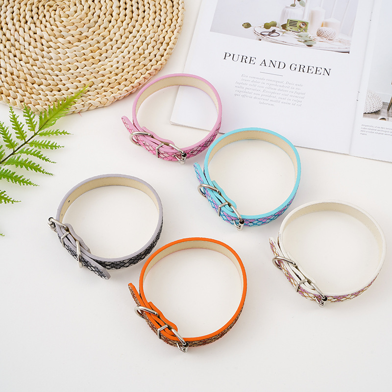 Pet Collar Pu Leather Plaid Pattern Decor Stylish Accessories For Cats Small Dogs Shiny Glitter Sequins