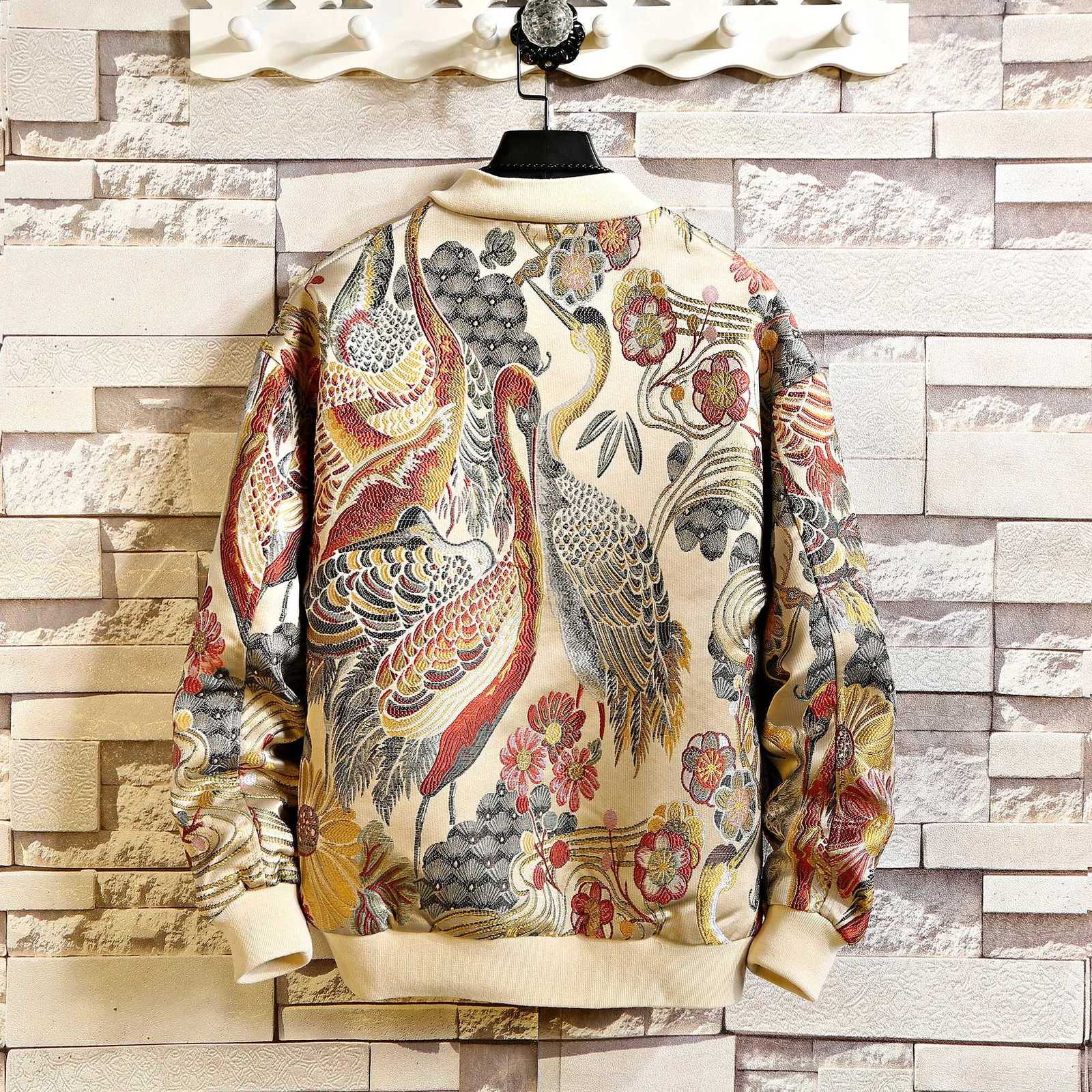 2026 Men Print Baseball Jacket Coats Mem Embroidery Crane Chinese Style Optional Harajuku Bomber Jacket Men Oversize Outerwear C260325