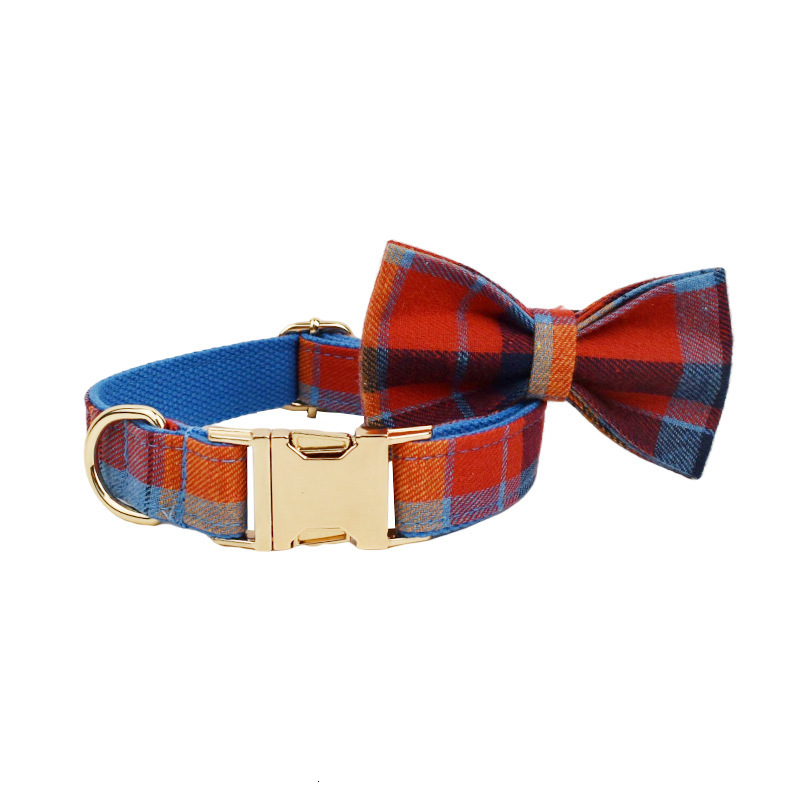 Pet Collar Leash Design Gentleman Style Bow Tie Engraved Metal Buckle Adjustable Comfortable For Dogs Blue Velvet Plaid