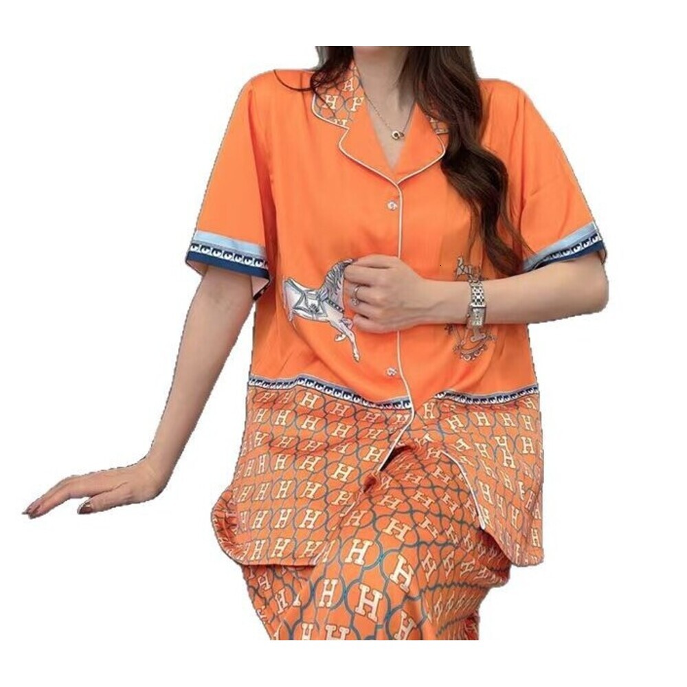 Women's Pajamas Summer New Ice Silk Simple Casual Top And Pants Homewear Orange Set