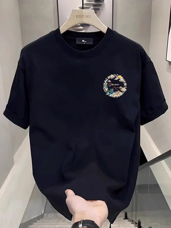 Men's Heavyweight Cotton Chinese Streetwear T-Shirts | Summer Trendy Letter Graphic Oversized Versatile Crew Neck Tees