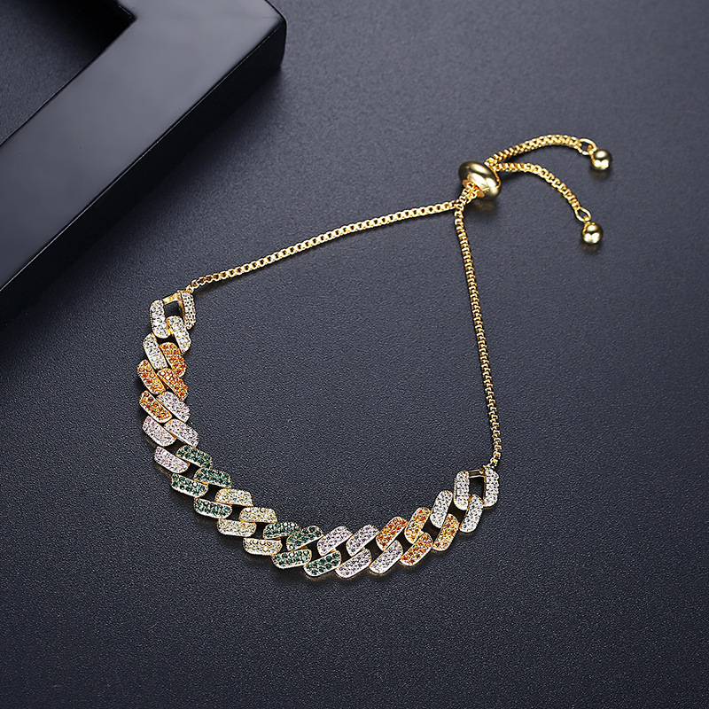 Chain Adjust slider box chain gold rose 2 color micro pave rainbow cz Miami cuban link women bracelet fashion 231016